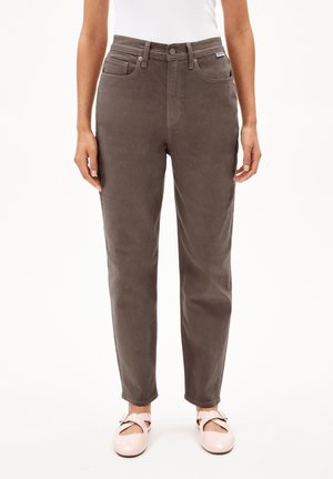 Gray corduroy pants with a straight-leg fit, five pockets, and a button closure. Smooth texture with minimal stitching details.
