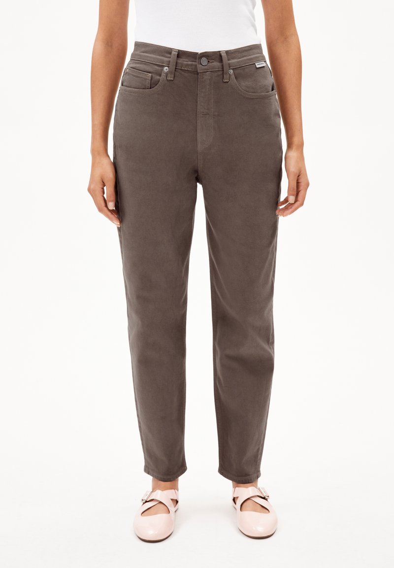 Gray corduroy pants with a straight-leg fit, five pockets, and a button closure. Smooth texture with minimal stitching details.