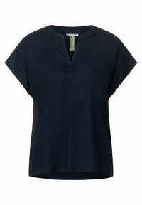Laivasto sininen lyhythihainen paita, jossa V-pääntie, rento istuvuus, kevyestä kankaasta valmistettu, sileä rakenne ja hienovaraiset suunnitteluyksityiskohdat.