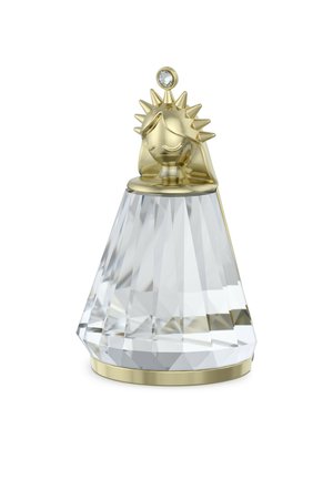 Kristall-Deko-Element mit einem klaren, facettierten Körper und einem goldfarbigen Oberteil, das ein stilisiertes Gesicht und Stacheln zeigt. Enthält einen klaren Edelsteinakzent.