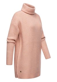 Šviesiai rožinė turtleneck megztinis, pagamintas iš tekstūrinio mezgimo audinio. Turi ilgomis rankovėmis ir šoninėmis plyšiais. Mažas logotipo elementas apatinėje dalyje.