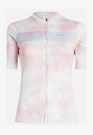 Trumpas rankovės užtrauktukas šviesių pastelinių spalvų su subtiliu sūkuriniu raštu, pasižymintis tekstūruotu audiniu ir horizontaliais dryžiais.