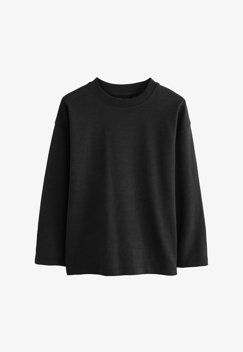 Schwarzer Langarm-Sweatshirt aus weichem Stoff. Mit Rundhalsausschnitt und überschnittenen Schultern, lässiger Schnitt und ohne auffällige Muster.