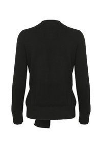 Schwarzer Pullover, gestrickte Textur, lange Ärmel, gerippter Saum, einfaches Design, Rückansicht, mit einem kleinen Schlitz am Boden.
