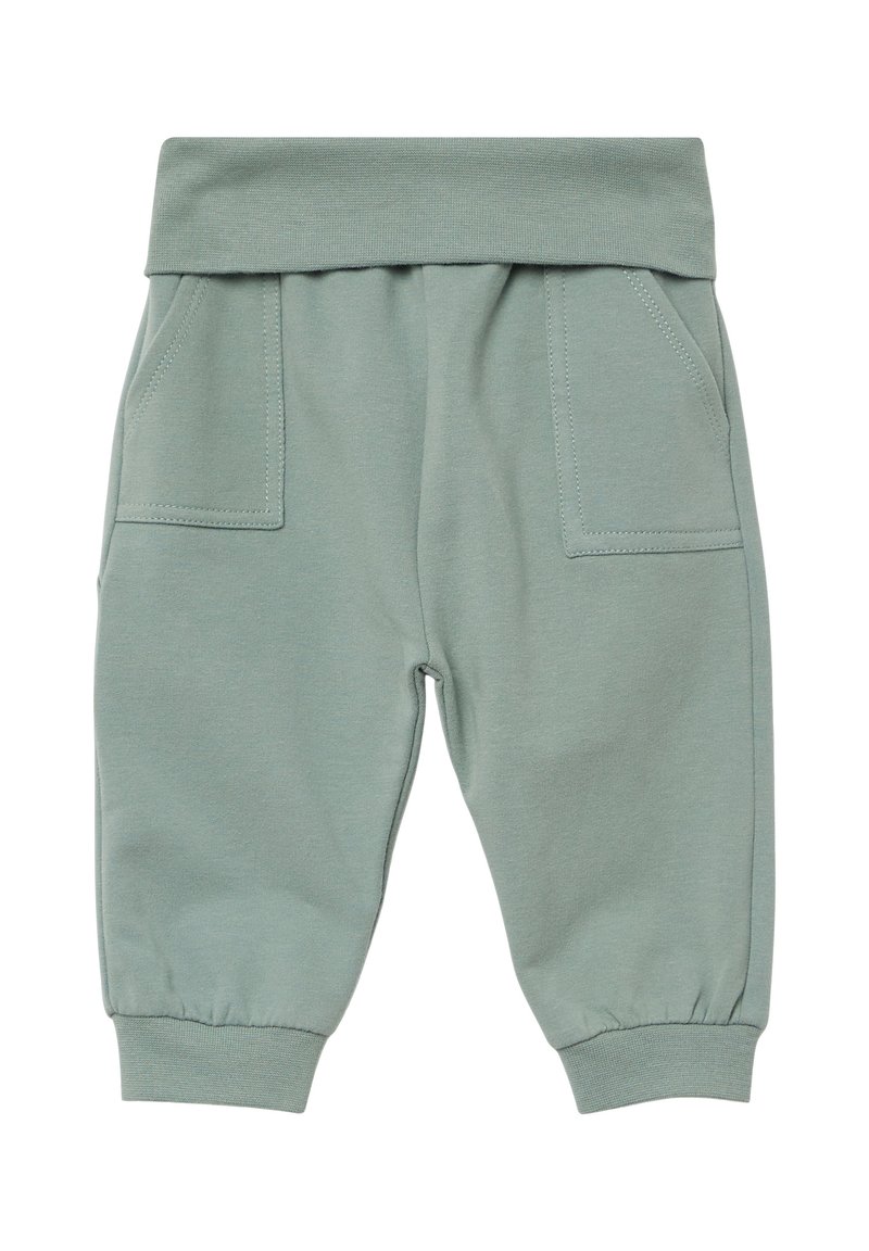 Lichtgroene katoenen sweatpants met een elastische tailleband, twee voorzakken en ribgebreide boorden. Gladde textuur, casual ontwerp.