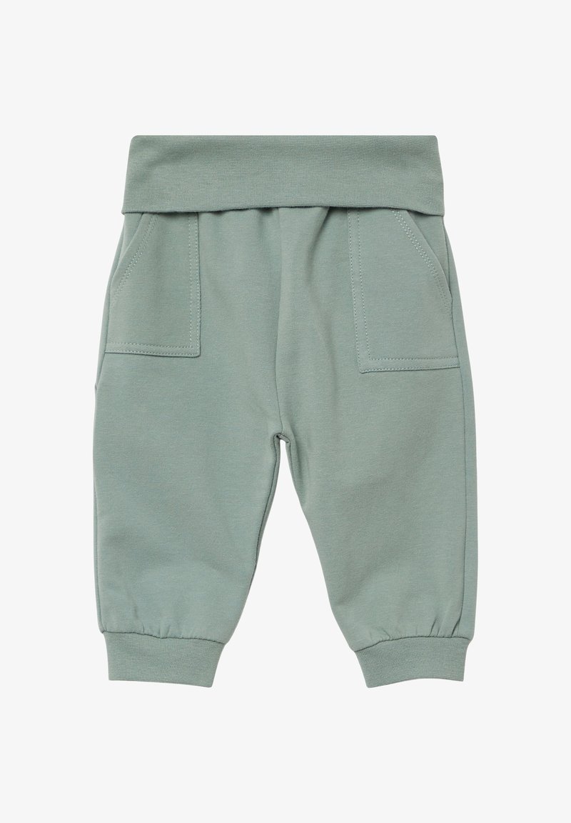 Jasnozielone bawełniane dresy z elastycznym pasem, dwiema przednimi kieszeniami i ściągaczami przy nogawkach. Gładka faktura, casualowy design.
