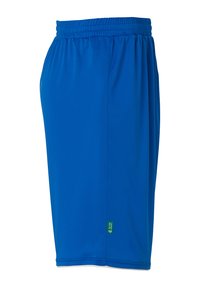 Blå træningsshorts lavet af letvægtsstof med elastisk talje, med et lille grønt logo mærke på venstre side.