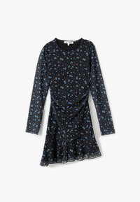 Schwarzes Langarmkleid mit kleinen blauen Blumenmustern, das eine geraffte Vorderseite, einen ausgestellten Saum und einen weichen, durchsichtigen Stoff aufweist.