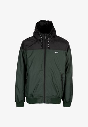 Men's jacket with a green body and black upper section, featuring a hood, zippered pockets, adjustable drawstrings, and ribbed cuffs.
