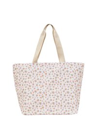 Tygväska med en ljus bakgrund och ett upprepat mönster av färgglada, abstrakta former. Tjocka krämfärgade remmar. Hållbart tyg.