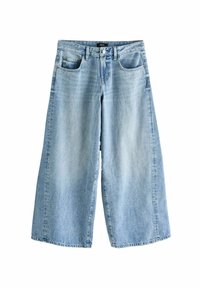 Jeans culotte in denim azzurro chiaro con gambe larghe, cinque tasche e zip frontale. Presentano una leggera scoloritura e un taglio dritto all'orlo.