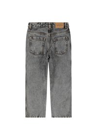 Jeans in denim grigio con una vestibilità rilassata, dotati di cinque tasche, un'etichetta in pelle sulla cintura posteriore e dettagli di cucitura a contrasto.