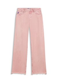 Vaaleanpunaiset leveälahkeiset farkut, joissa on rispaantunut helma, viiden taskun malli ja perinteinen farkkusaumaus. Valmistettu puuvillasta, jossa on vähäinen tekstuuri.