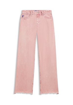 Svetloružové džínsy širokého strihu s opracovaným okrajom, s piatimi vreckami a tradičnými džínovými švami. Vyrobené z bavlny s minimálnou textúrou.