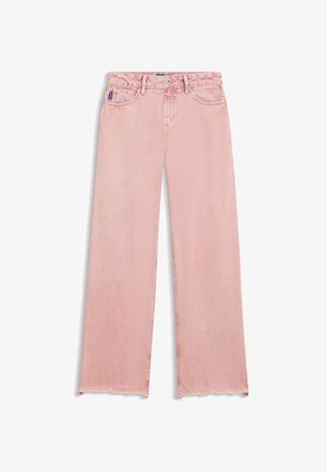 Gaiši rozā džinsi ar platām kājām un nobrāztu apmali, piecu kabatu dizains un tradicionālas džinsa šuves. Izgatavoti no kokvilnas ar minimālu tekstūru.