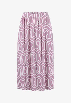 Šviesiai rožinės spalvos išsiplėtusi midi sijonas su baltu geometriniu raštu. Elastingas juosmuo ir glotni tekstūra visame paviršiuje.