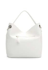 Biała skórzana torebka o fakturowanym wykończeniu, z zakrzywionym górnym kształtem, regulowanym paskiem oraz przednią kieszenią na zamek. W zestawie srebrne okucia.