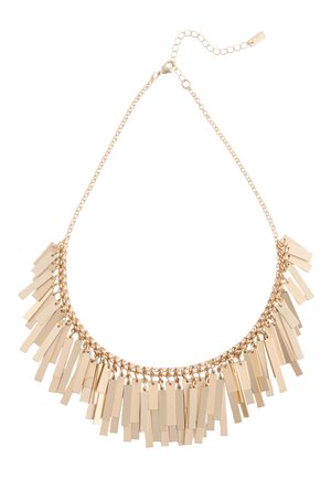 Gold-tone chain necklace with multiple rectangular metal pendants hanging closely along the lower half, featuring an adjustable clasp closure.