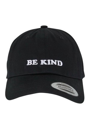 Black adjustable cap featuring white embroidered text "BE KIND." Smooth fabric, curved visor, and standard hat construction.