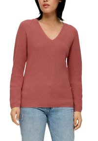 Stofroze gebreide sweater met een V-hals, lange mouwen, geribbelde textuur en een getailleerd silhouet, gecombineerd met lichtblauwe versleten jeans.