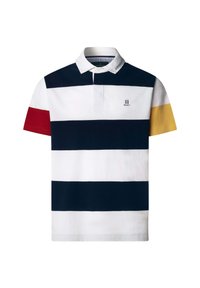 Polo avec des rayures horizontales bleu marine et blanches, manche gauche rouge, manche droite jaune, col blanc, et petit logo sur le côté gauche de la poitrine.