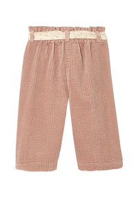 Corduroy pants in dusty pink with a textured ribbed pattern, featuring an elastic waistband and a contrasting cream-colored belt.