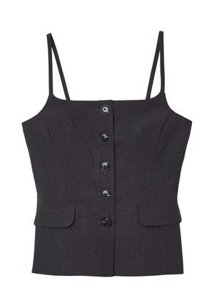 Haut noir sans manches avec des boutons à l'avant, doté de fines bretelles et de deux petites poches à rabat à la taille, fabriqué en tissu texturé.