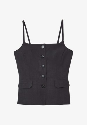 Haut noir sans manches avec des boutons à l'avant, doté de fines bretelles et de deux petites poches à rabat à la taille, fabriqué en tissu texturé.