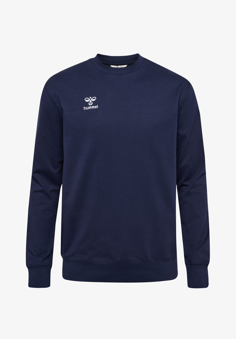 Marineblauwe sweatshirt met lange mouwen, ronde hals, ribgebreide manchetten en zoom; heeft een wit logo op de linkerkant van de borst.