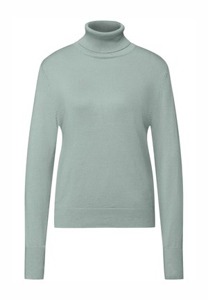 Světlý mintový zelený rolákový svetr vyrobený z měkkého pleteného materiálu. Má dlouhé rukávy, přiléhavý střih a žebrované detaily na límci a lemu.