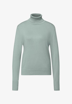 Suéter de cuello alto en verde menta claro, hecho de un material de punto suave. Cuenta con mangas largas, un diseño ajustado y detalles de cuello y dobladillo acanalados.