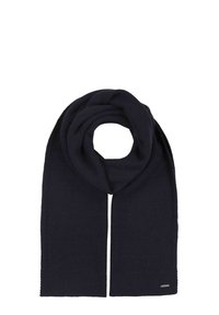 Woven navy blue scarf featuring a textured knit design, with smooth edges and a small logo tag at one end.