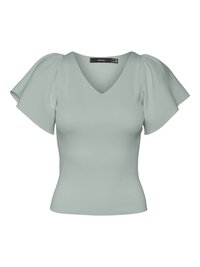 Lys grøn t-skjorte med korte ermer, V-hals og puffede ermer. Stoffet ser tekstureret ud, med en tætsiddende silhuet og subtile ribbede detaljer.