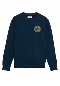 Felpa navy in cotone con collo a giro. Presenta un logo ricamato decorativo e un design a alloro sul lato sinistro del petto.