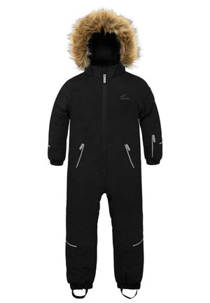 Schwarzer isolierter Overall aus Schnee mit einer mit Fell gefütterten Kapuze, Frontreißverschluss und reflektierenden Akzenten, ausgestattet mit mehreren Reißverschlusstaschen.