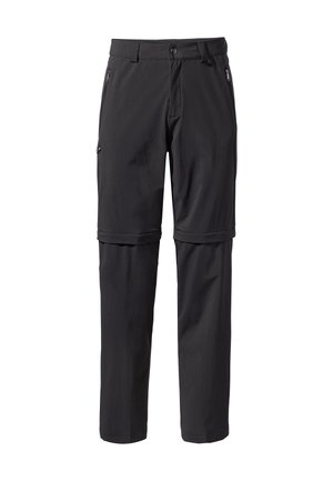 Pantalon noir à zip en tissu léger, avec une coupe droite, des passants de ceinture et des poches zippées sur les côtés.