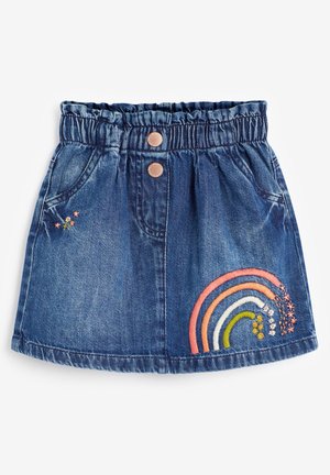 Jupe en jean avec taille élastique, deux boutons à l'avant, poches et broderies d'un arc-en-ciel et de petites fleurs sur le devant.
