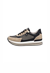 Sneaker con upper in suede beige e pelle nera, pannelli in rete, lacci neri, cerniera laterale, suola intermedia bianca e suola esterna in gomma nera.