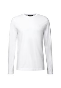 Camiseta blanca de manga larga hecha de suave algodón, con cuello redondo y un sutil logo en el pecho. Textura suave y diseño minimalista.