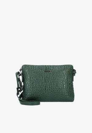 Sac bandoulière en cuir vert avec motif crocodile, fermeture zippée, bandoulière ajustable et un logo en métal argenté à l'avant.