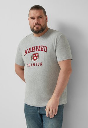 Mężczyzna z brodą i związanymi z tyłu włosami, ubrany w jasnoszarą koszulkę Harvard Crimson i niebieskie dżinsy, stojący na tle gładkiej jasnej ściany.