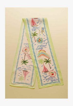 Kerge sall troopilise rannadisainiga, millel on palmipuud, purjelaevad, lained, päike, rannatoolid ja puuviljamotiivid kreemja ja roheliste ääristega.