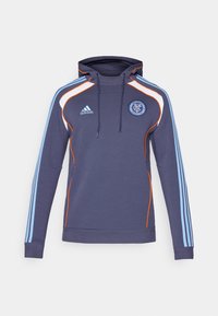 Felpa con cappuccio navy con accenti arancioni e azzurri. Presenta un logo e tre strisce su ciascun manica, realizzata in tessuto morbido.