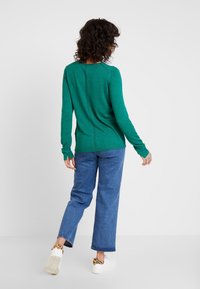 Pull en maille vert à manches longues avec un détail de couture au dos, associé à un jean en denim bleu à jambes larges et des baskets blanches avec des accents léopard.