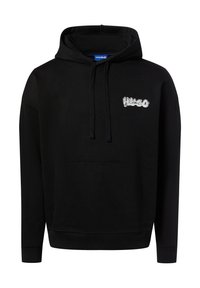 Czarna bluza z kapturem z kieszenią na przodzie, sznurkami oraz małym białym haftowanym logo na piersi. Wykonana z miękkiego materiału z ściągaczami na mankietach.