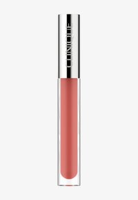 Clinique Lipgloss in einem klaren Röhrchen mit einem silbernen Verschluss; bietet einen cremigen, zarten Rosaton mit einer glatten, glänzenden Textur.