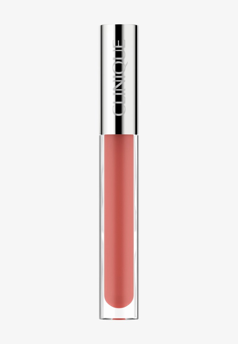 Clinique Lipgloss in einem klaren Röhrchen mit einem silbernen Verschluss; bietet einen cremigen, zarten Rosaton mit einer glatten, glänzenden Textur.