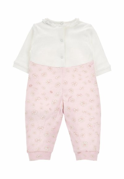 Tutina bianca per neonati a maniche lunghe con colletto arricciato, bottoni a pressione e pantaloni rosa con motivo floreale.