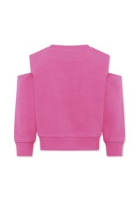 Felpa corta rosa con collo rotondo, design con spalle scoperte, polsini a coste e una texture liscia in misto cotone.