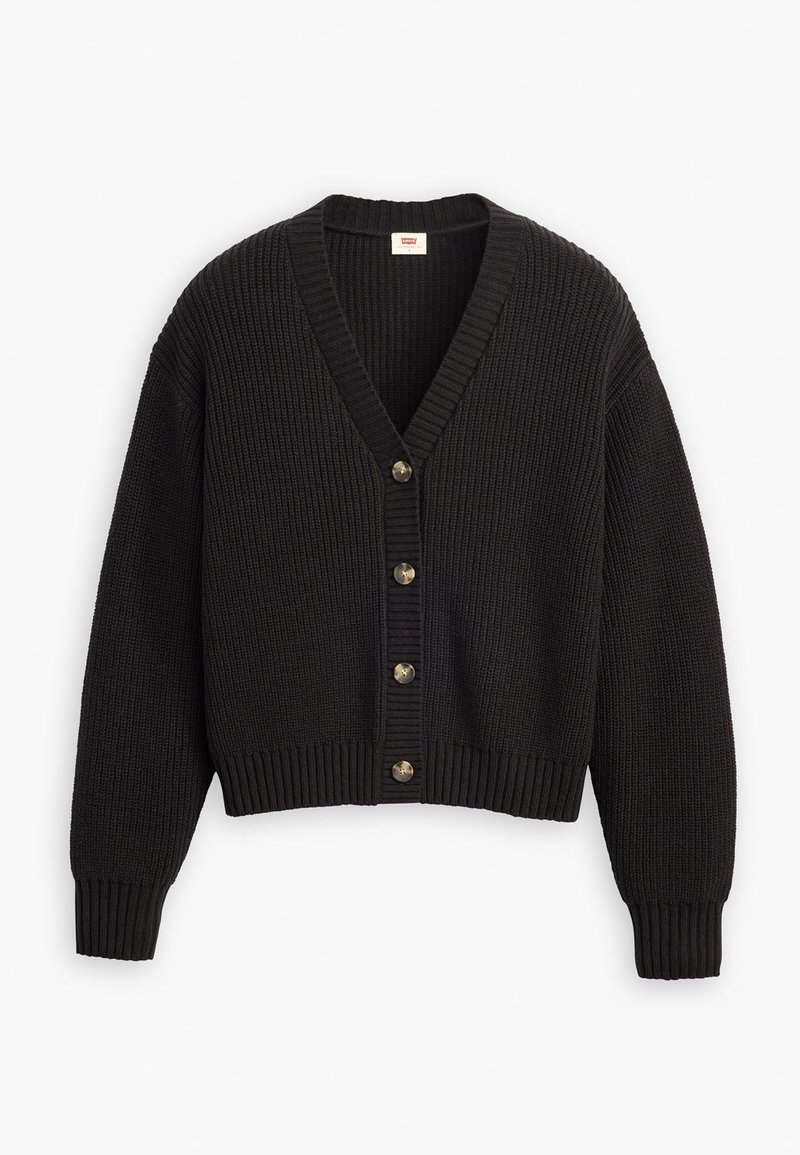 Gilet en tricot noir à côtes avec un décolleté en V profond, des manches longues et six boutons en laiton sur le devant. L'ourlet et les poignet sont côtelés.